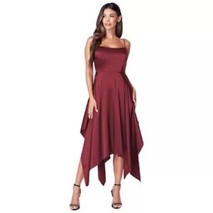 Women’s Bebe satin shark bite hem bow back dress in burgundy NWT